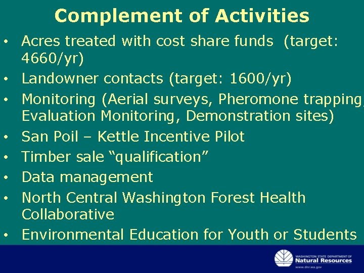 Complement of Activities • Acres treated with cost share funds (target: 4660/yr) • Landowner Complement of Activities • Acres treated with cost share funds (target: 4660/yr) • Landowner