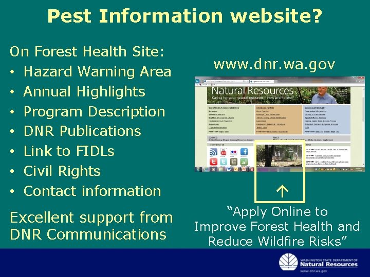 Pest Information website? Excellent support from DNR Communications www. dnr. wa. gov → On Pest Information website? Excellent support from DNR Communications www. dnr. wa. gov → On