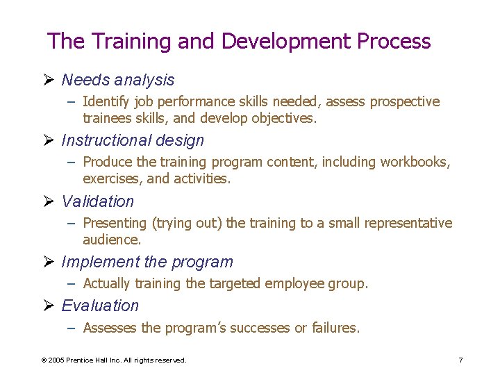 The Training and Development Process Ø Needs analysis – Identify job performance skills needed,