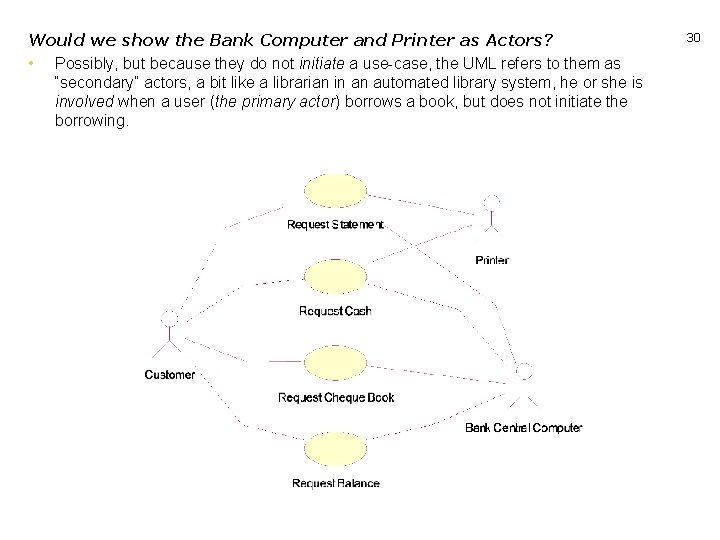 Would we show the Bank Computer and Printer as Actors? • Possibly, but because