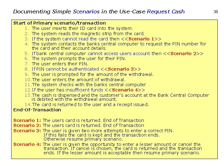 Documenting Simple Scenarios in the Use-Case Request Cash Start of Primary scenario/transaction 1. The
