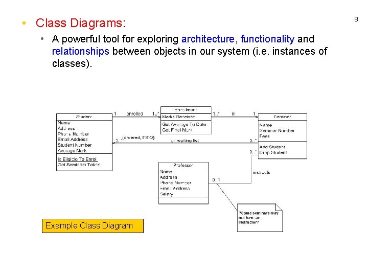  • Class Diagrams: • A powerful tool for exploring architecture, functionality and relationships