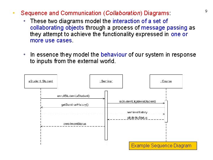  • Sequence and Communication (Collaboration) Diagrams: • These two diagrams model the interaction