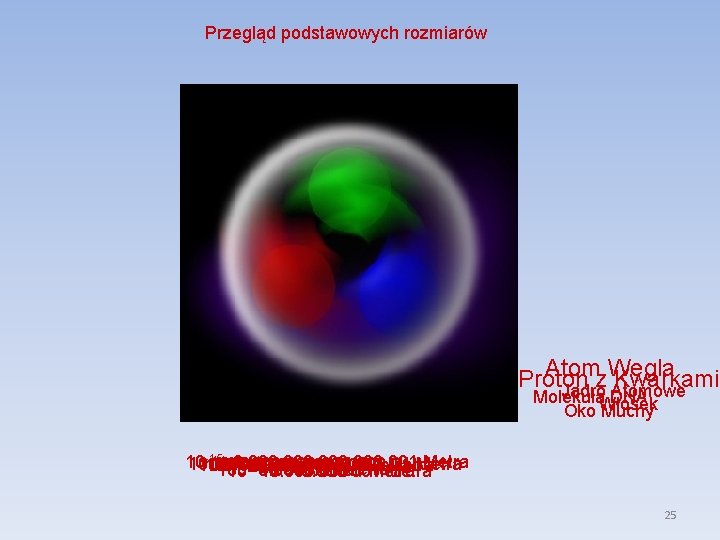 Przegląd podstawowych rozmiarów Atomz. Węgla Proton Kwarkami Jądro Atomowe Molekuła. Włosek DNA Oko Muchy