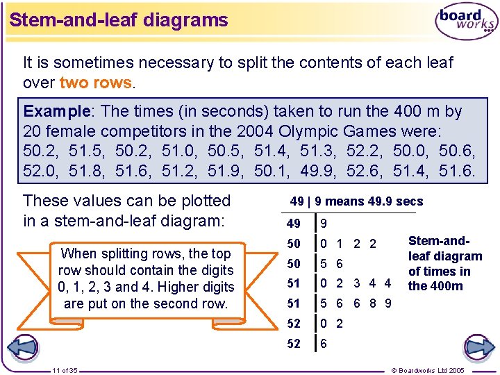 Stem-and-leaf diagrams It is sometimes necessary to split the contents of each leaf over