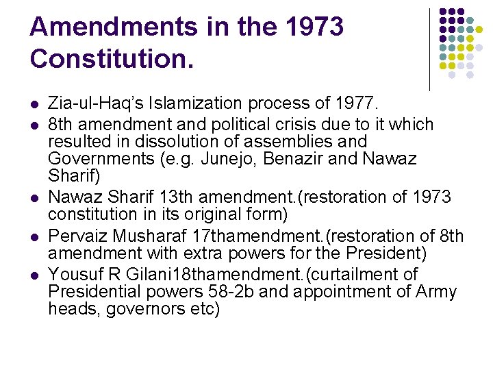 Amendments in the 1973 Constitution. l l l Zia-ul-Haq’s Islamization process of 1977. 8