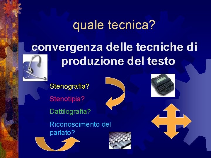 quale tecnica? convergenza delle tecniche di produzione del testo Stenografia? Stenotipia? Dattilografia? Riconoscimento del