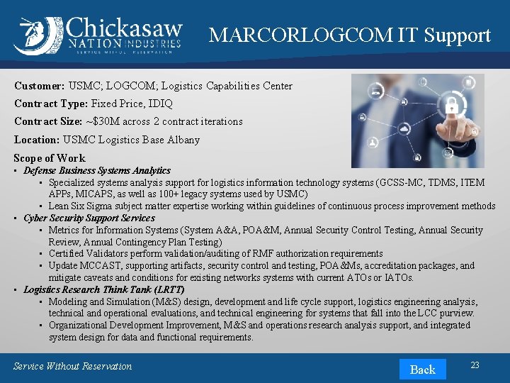 MARCORLOGCOM IT Support Customer: USMC; LOGCOM; Logistics Capabilities Center Contract Type: Fixed Price, IDIQ MARCORLOGCOM IT Support Customer: USMC; LOGCOM; Logistics Capabilities Center Contract Type: Fixed Price, IDIQ