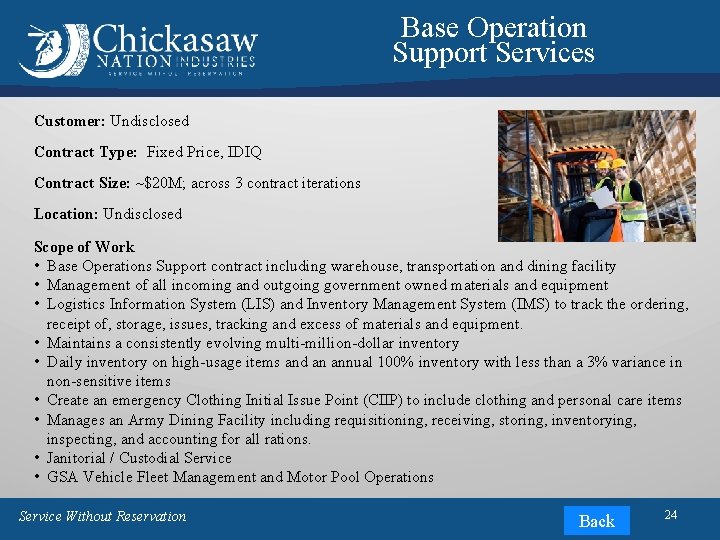 Base Operation Support Services Customer: Undisclosed Contract Type: Fixed Price, IDIQ Contract Size: ~$20 Base Operation Support Services Customer: Undisclosed Contract Type: Fixed Price, IDIQ Contract Size: ~$20