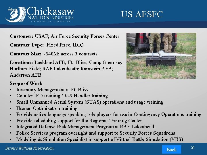 US AFSFC Customer: USAF; Air Force Security Forces Center Contract Type: Fixed Price, IDIQ US AFSFC Customer: USAF; Air Force Security Forces Center Contract Type: Fixed Price, IDIQ
