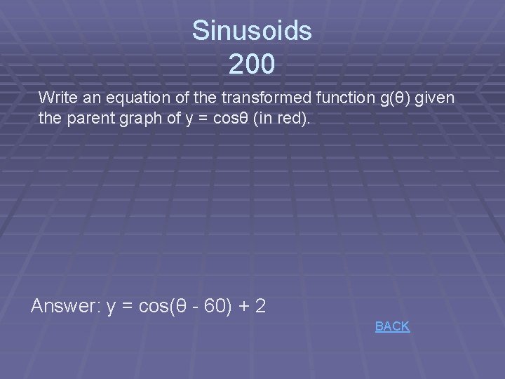 Sinusoids 200 Write an equation of the transformed function g(θ) given the parent graph