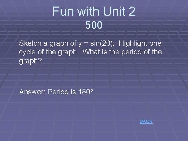 Fun with Unit 2 500 Sketch a graph of y = sin(2θ). Highlight one