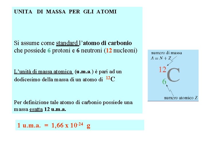 UNITA DI MASSA PER GLI ATOMI Si assume come standard l’atomo di carbonio che