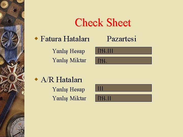 Check Sheet w Fatura Hataları Pazartesi Yanlış Hesap |||| Yanlış Miktar |||| w A/R