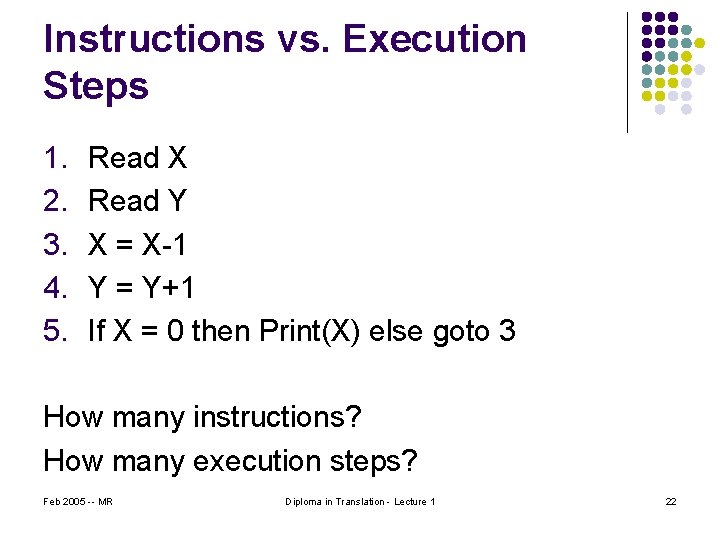 Instructions vs. Execution Steps 1. 2. 3. 4. 5. Read X Read Y X