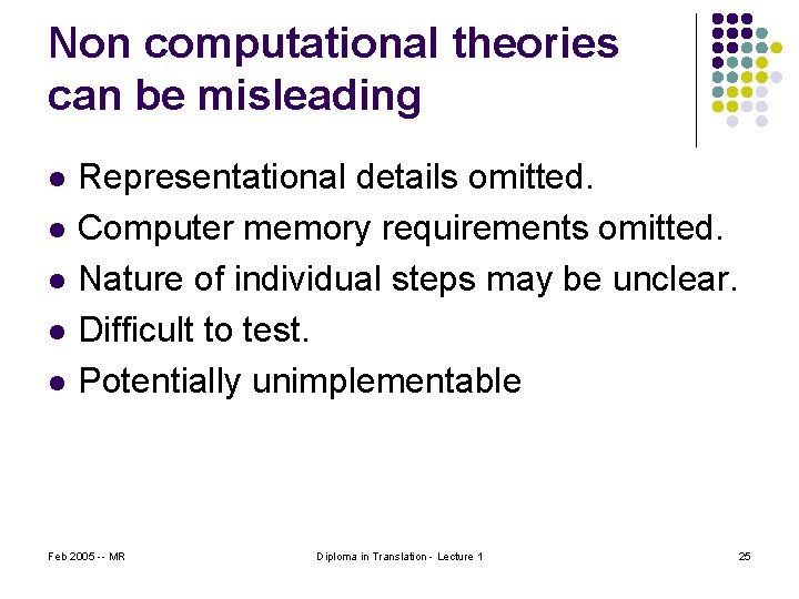 Non computational theories can be misleading l l l Representational details omitted. Computer memory