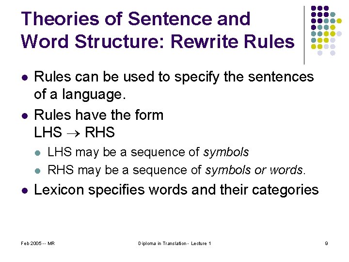 Theories of Sentence and Word Structure: Rewrite Rules l l Rules can be used