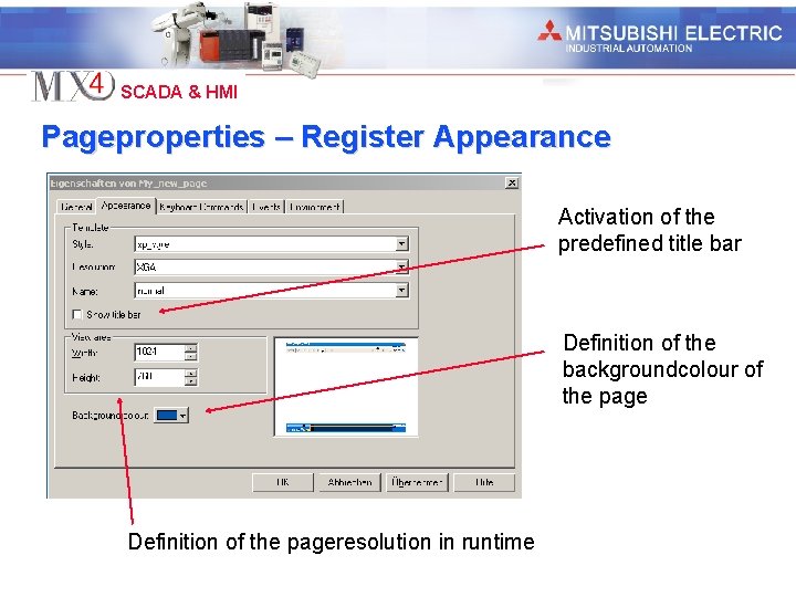 Industrial Automation SCADA & HMI Pageproperties – Register Appearance Activation of the predefined title