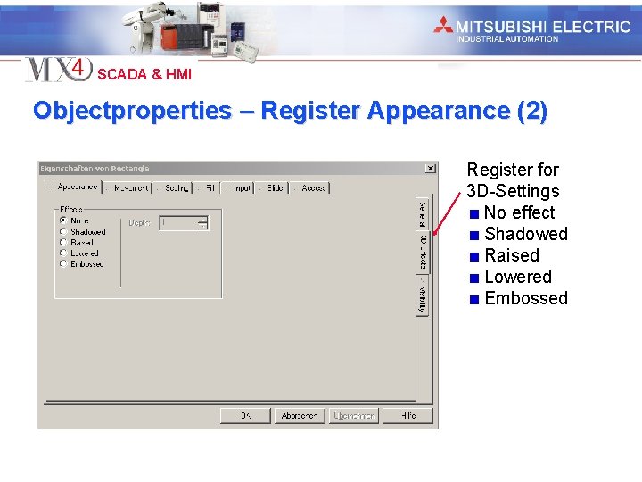 Industrial Automation SCADA & HMI Objectproperties – Register Appearance (2) Register for 3 D-Settings