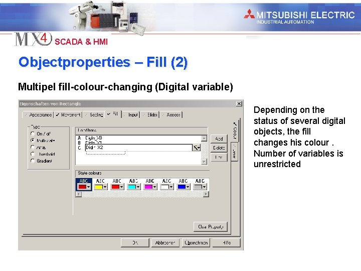 Industrial Automation SCADA & HMI Objectproperties – Fill (2) Multipel fill-colour-changing (Digital variable) Depending
