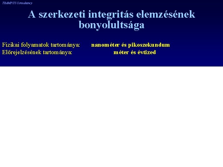 TRAMPUS Consultancy A szerkezeti integritás elemzésének bonyolultsága Fizikai folyamatok tartománya: Előrejelzésének tartománya: nanométer és TRAMPUS Consultancy A szerkezeti integritás elemzésének bonyolultsága Fizikai folyamatok tartománya: Előrejelzésének tartománya: nanométer és