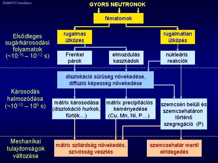 TRAMPUS Consultancy GYORS NEUTRONOK fématomok Elsődleges sugárkárosodási folyamatok (~10 -15 – 10 -12 s)