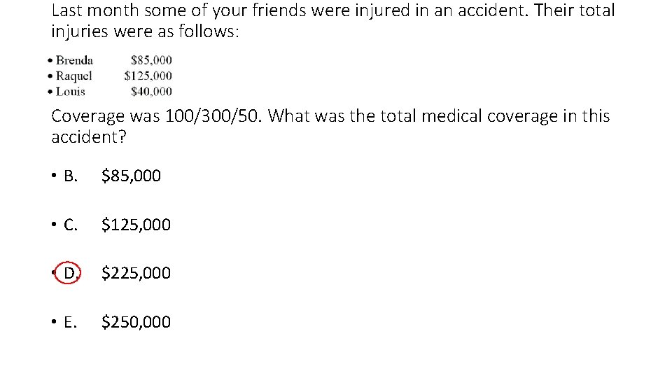 Last month some of your friends were injured in an accident. Their total injuries