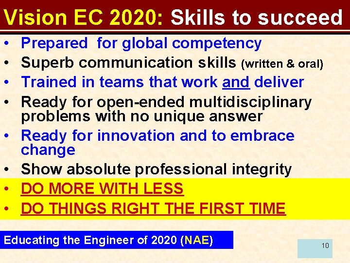 Vision EC 2020: Skills to succeed • • Prepared for global competency Superb communication