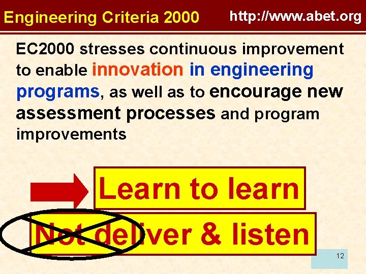 Engineering Criteria 2000 http: //www. abet. org EC 2000 stresses continuous improvement to enable