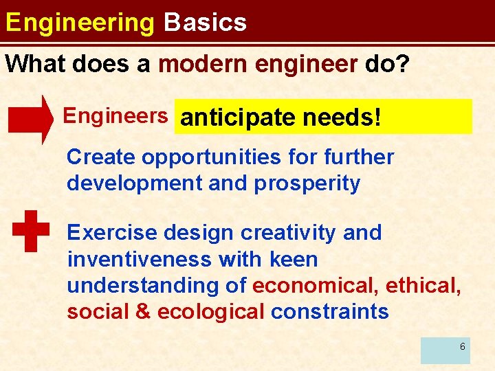 Engineering Basics What does a modern engineer do? Engineers solve problems to satisfy a