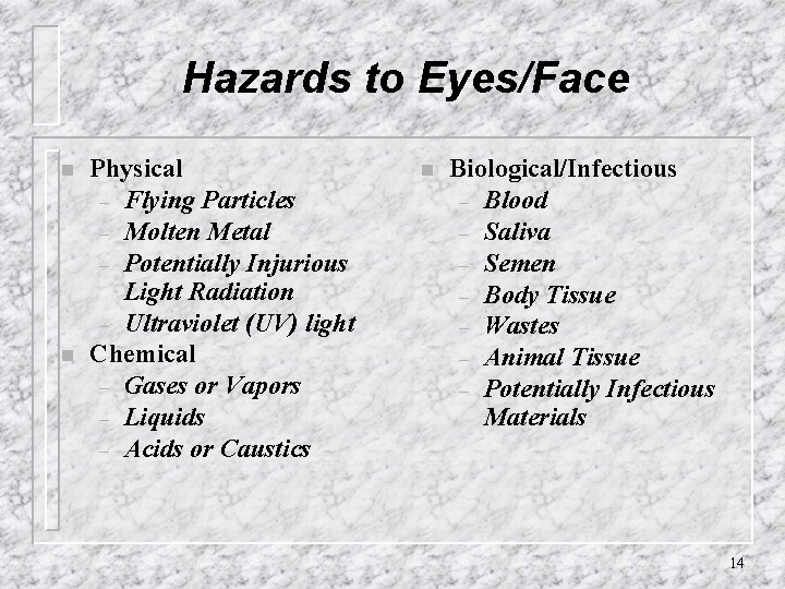 Hazards to Eyes/Face n n Physical – Flying Particles – Molten Metal – Potentially