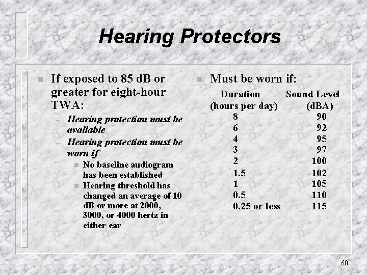 Hearing Protectors n If exposed to 85 d. B or greater for eight-hour TWA: