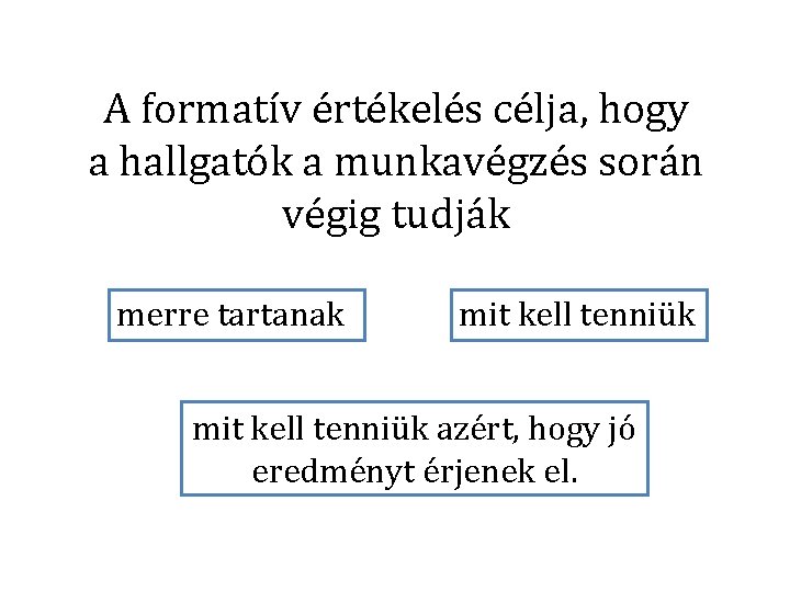 A formatív értékelés célja, hogy a hallgatók a munkavégzés során végig tudják merre tartanak