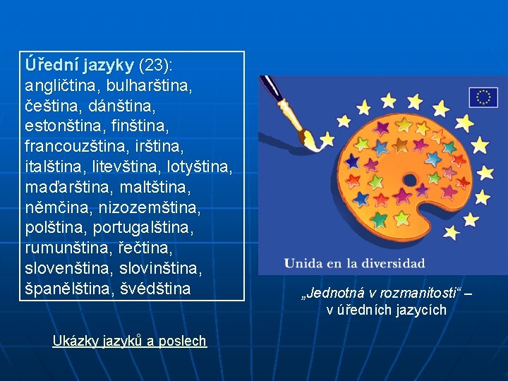 Úřední jazyky (23): angličtina, bulharština, čeština, dánština, estonština, finština, francouzština, irština, italština, litevština, lotyština,