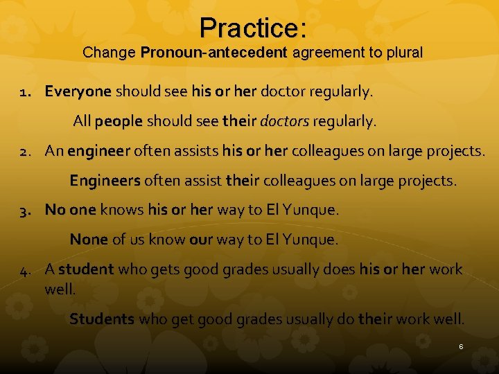 Practice: Change Pronoun-antecedent agreement to plural 1. Everyone should see his or her doctor