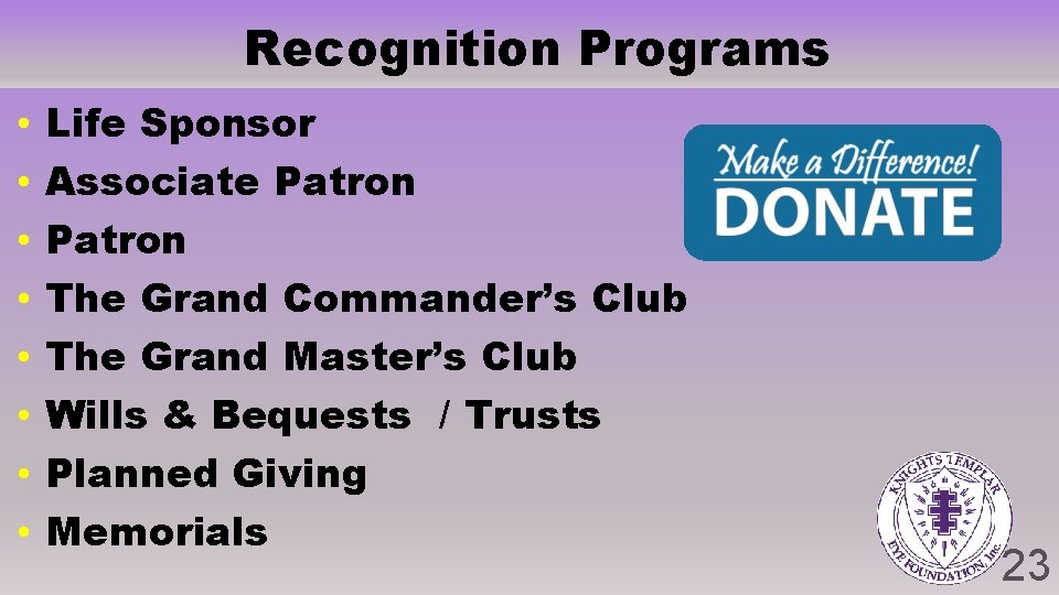 Recognition Programs • • Life Sponsor Associate Patron The Grand Commander’s Club The Grand Recognition Programs • • Life Sponsor Associate Patron The Grand Commander’s Club The Grand