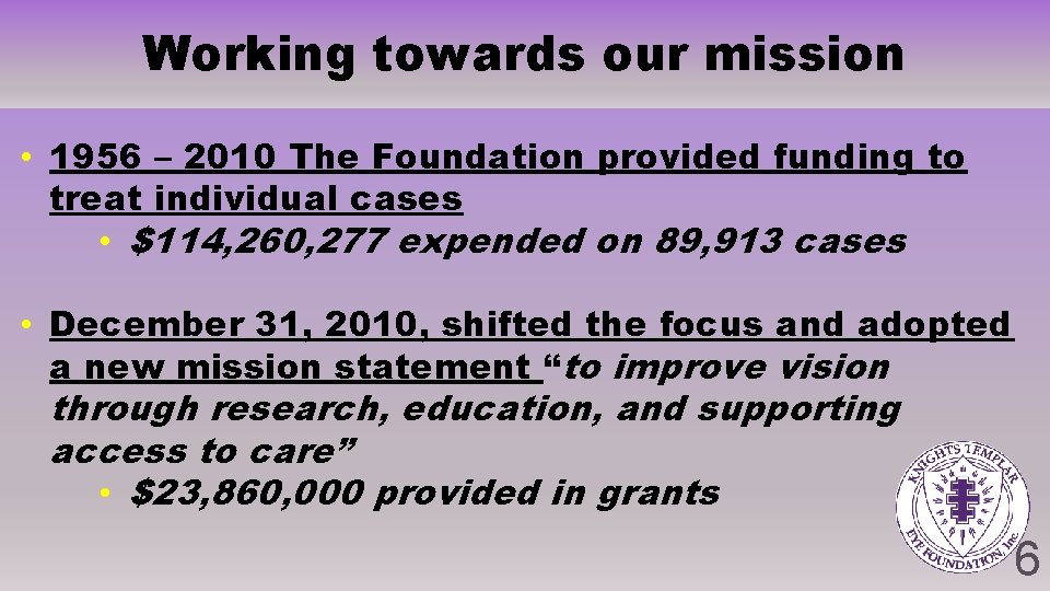 Working towards our mission • 1956 – 2010 The Foundation provided funding to treat Working towards our mission • 1956 – 2010 The Foundation provided funding to treat