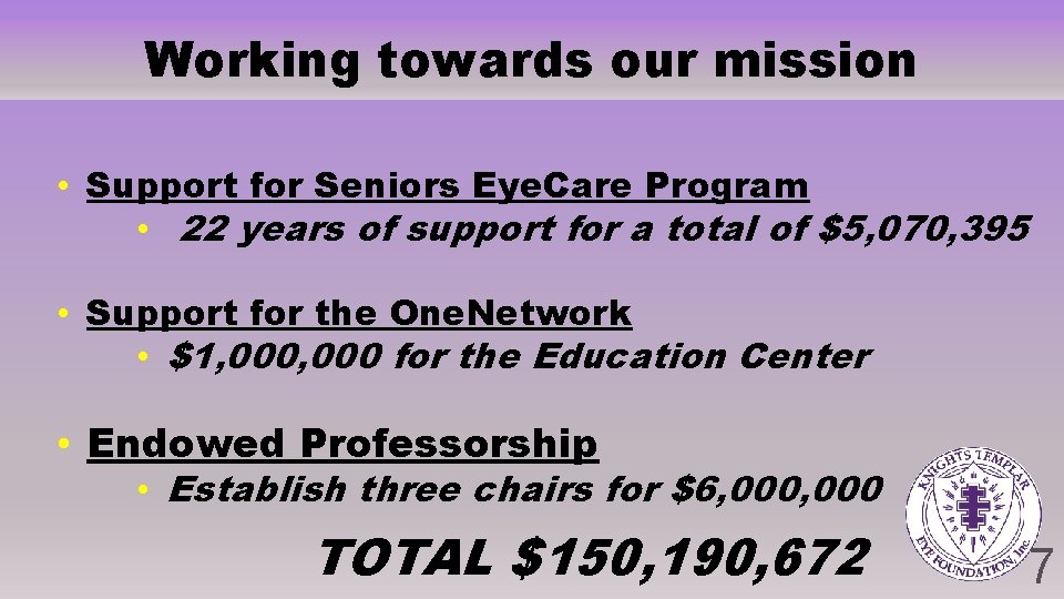 Working towards our mission • Support for Seniors Eye. Care Program • 22 years Working towards our mission • Support for Seniors Eye. Care Program • 22 years