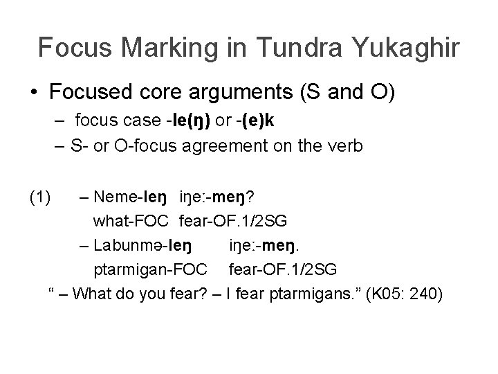 Focus Marking in Tundra Yukaghir • Focused core arguments (S and O) – focus