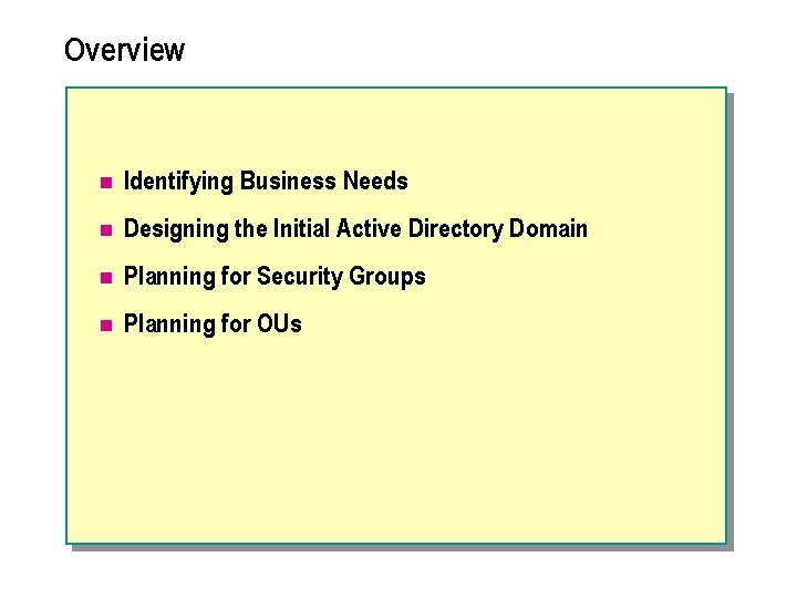 Overview n Identifying Business Needs n Designing the Initial Active Directory Domain n Planning