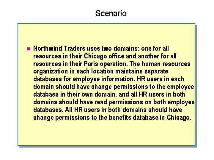 Scenario n Northwind Traders uses two domains: one for all resources in their Chicago