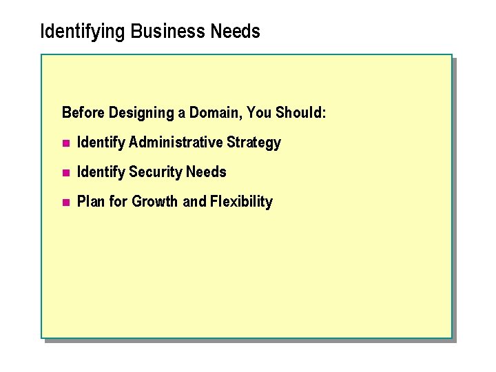 Identifying Business Needs Before Designing a Domain, You Should: n Identify Administrative Strategy n