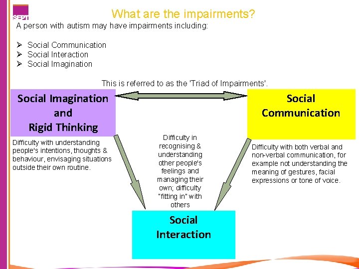 What are the impairments? A person with autism may have impairments including: Ø Social