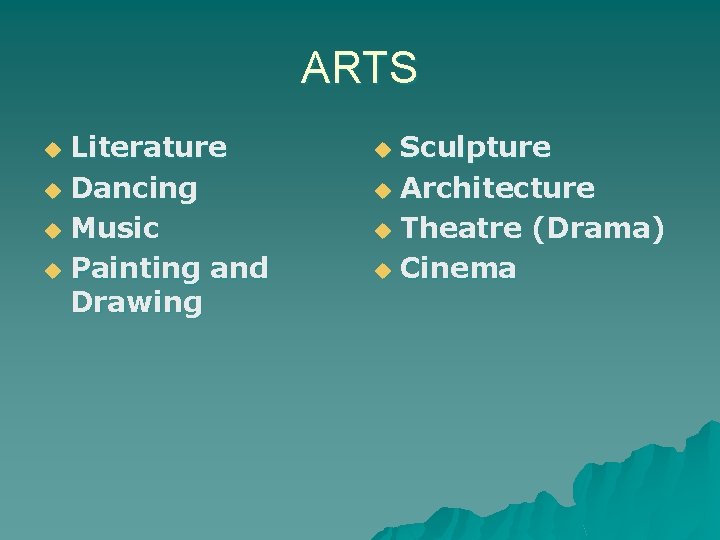 ARTS Literature u Dancing u Music u Painting and Drawing u Sculpture u Architecture