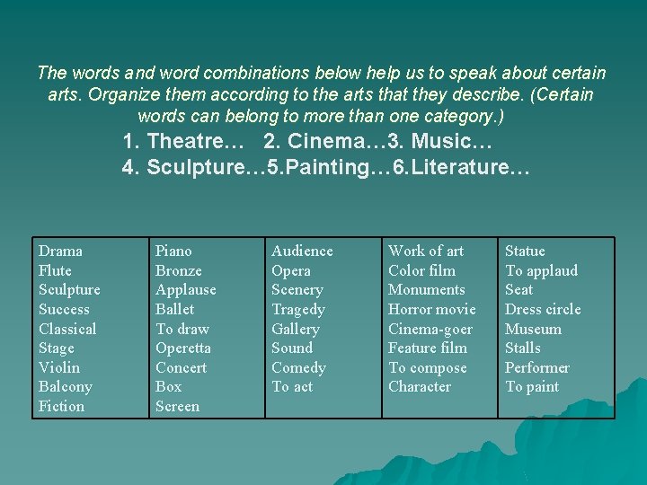 The words and word combinations below help us to speak about certain arts. Organize