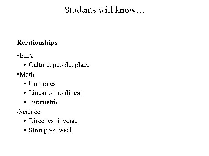 Students will know… Relationships • ELA • Culture, people, place • Math • Unit