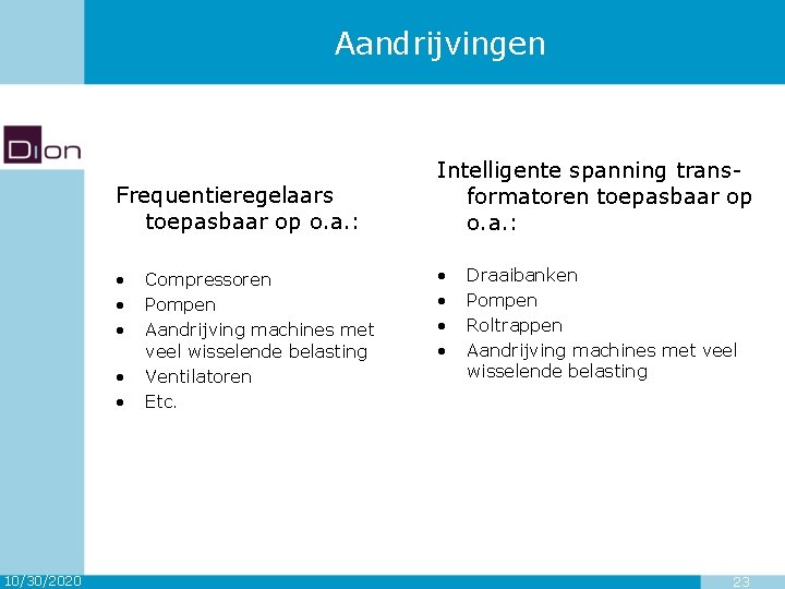 Aandrijvingen Frequentieregelaars toepasbaar op o. a. : • • • 10/30/2020 Compressoren Pompen Aandrijving