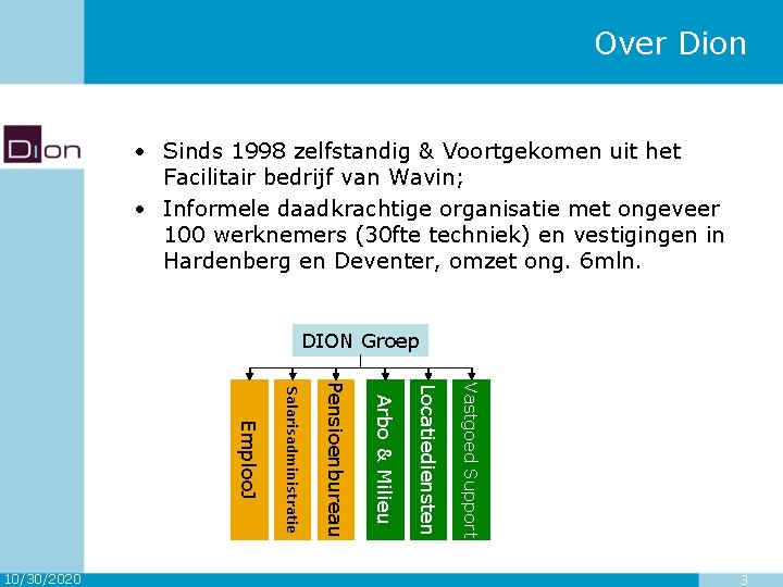 Over Dion • Sinds 1998 zelfstandig & Voortgekomen uit het Facilitair bedrijf van Wavin;
