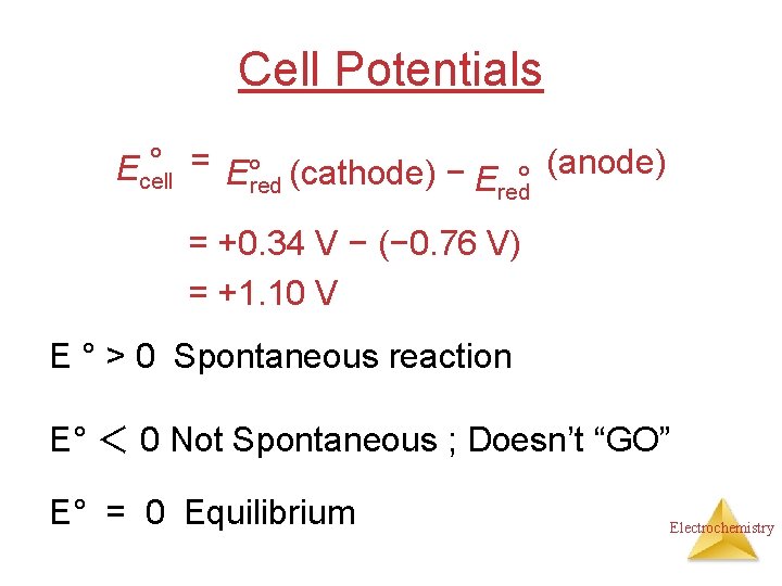 Cell Potentials ° = E° (cathode) − (anode) Ecell Ered° red = +0. 34