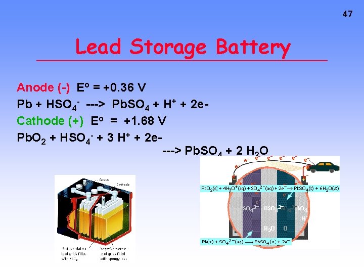 47 Lead Storage Battery Anode (-) Eo = +0. 36 V Pb + HSO